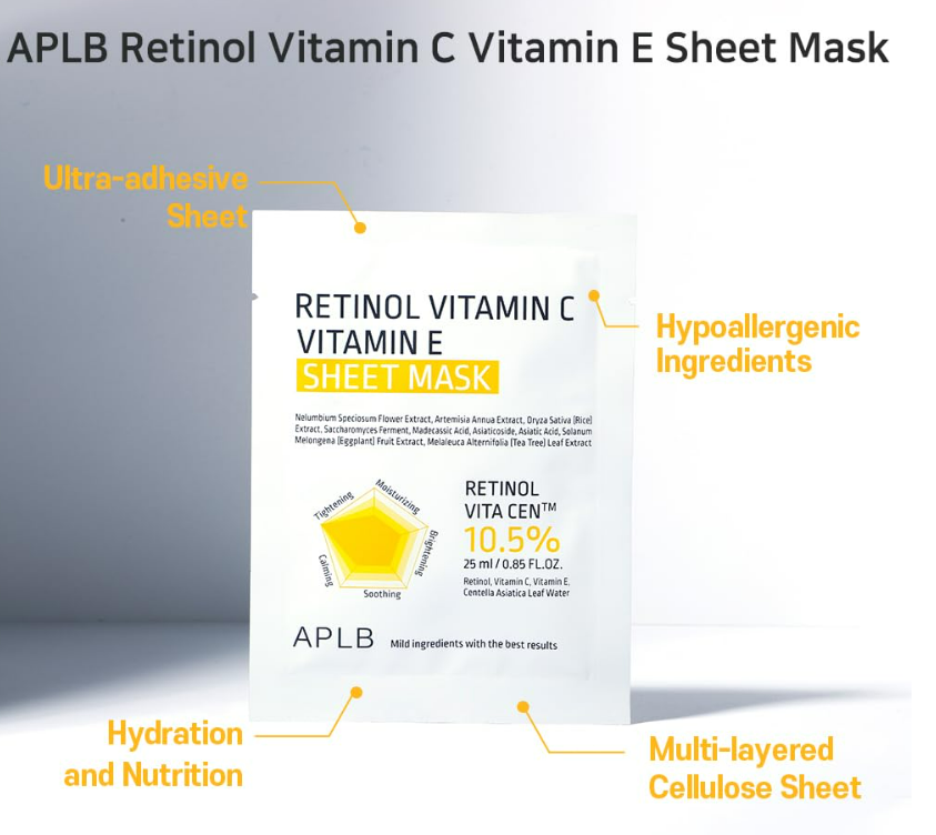 APLB | 視黃醇 維他命C和維他命E 美白緊致面膜 25毫升 (含積雪草 透明質酸 乙聚醣 維他命C 茶樹 水解膠原蛋白 角鯊烯) - 平行進口 - EXP: 2028.01