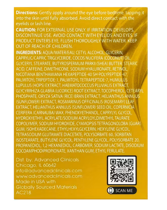ADVANCED CLINICALS | 高級醫學視黃醇逆轉衰老抗皺眼霜 30毫升 - (蘊含胜肽 咖啡因 海藻萃取 維他命E 透明質酸 甘草根萃取) - EXP: 2028.01